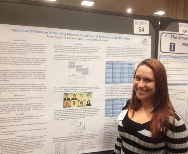 Honors biology major Rachel Berger presented a research poster on the memories of eyewitnesses at the 54th Annual Meeting of the Psychonomic Society in Toronto, Canada, Nov. 14–17.