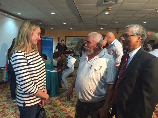 Alexandra Cousteau, Mr. Chavarria, local fisherman, and Dr. Albert Williams. Mr. Chavarria was telling Alexandra that he was her grandfather’s first guide to explore marine life in Belize.
